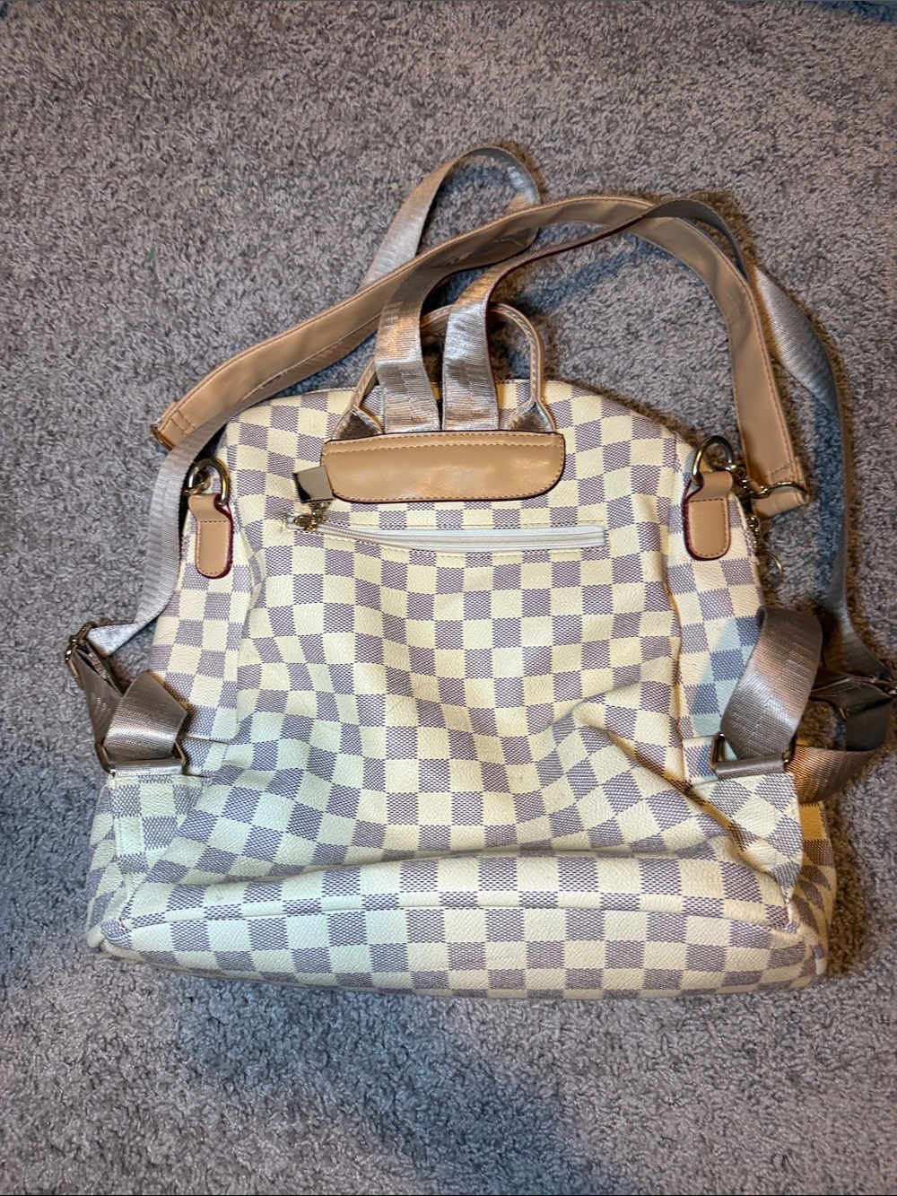 Cream Checkered Women's Backpack Tote - Picture 2 of 3